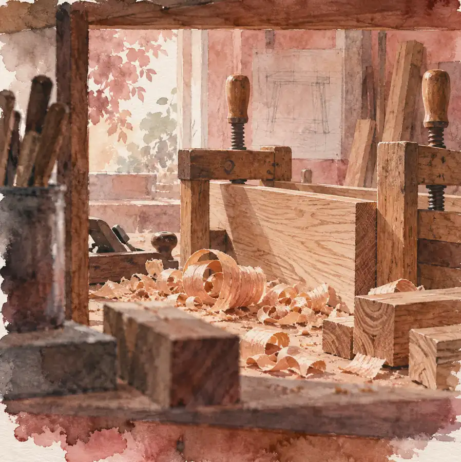 Illustration of woodworking businesses equipment and workspace